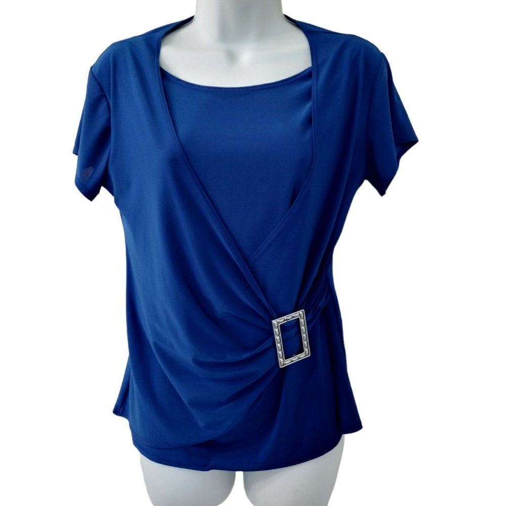 Royal Blue Wrap‎ Blouse Embellished Buckle Size M Jason Maxwell - Picture 2 of 9